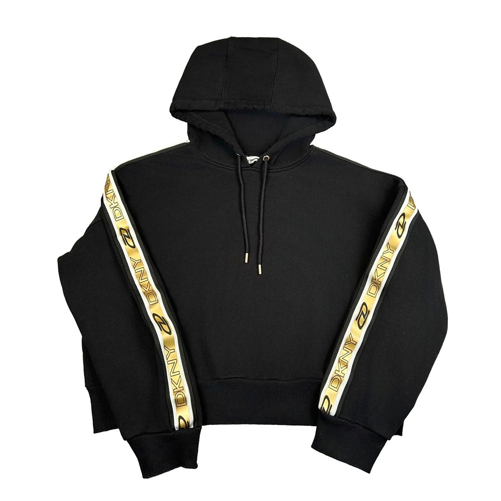 EUC DKNY Sport‎ Womens XL Black Cropped Hoodie Gold Logo Streetwear Sweatshirt